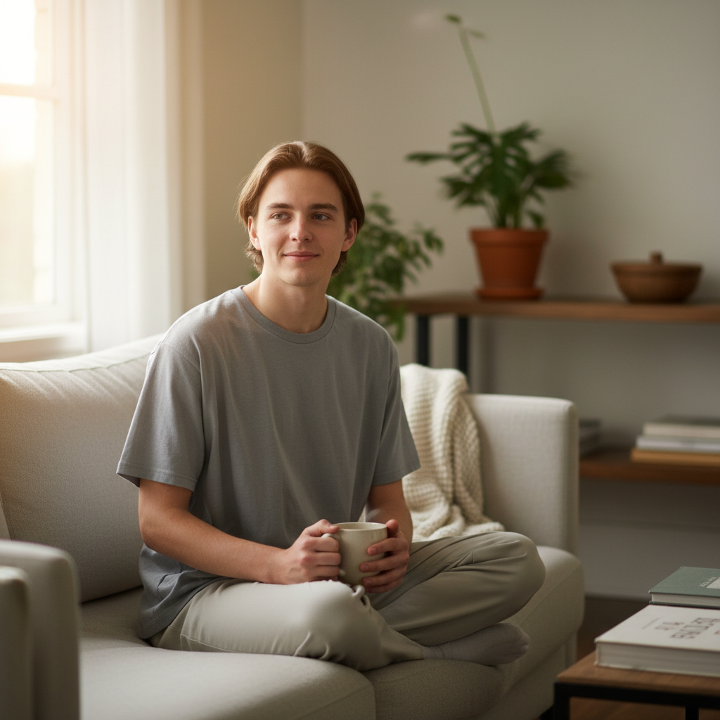 Person wearing comfortable short-sleeve unisex t-shirt in casual everyday setting