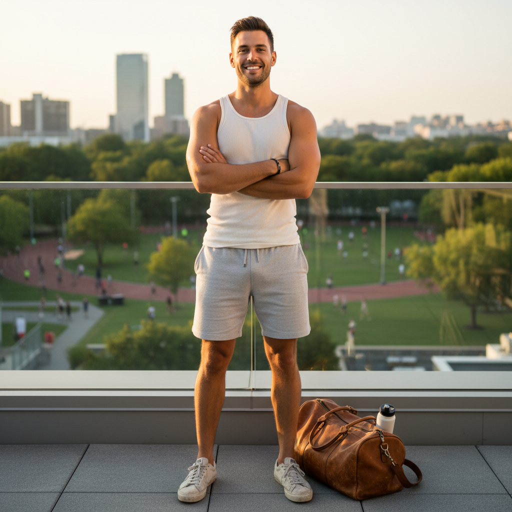 Man wearing classic tank top in athletic casual style