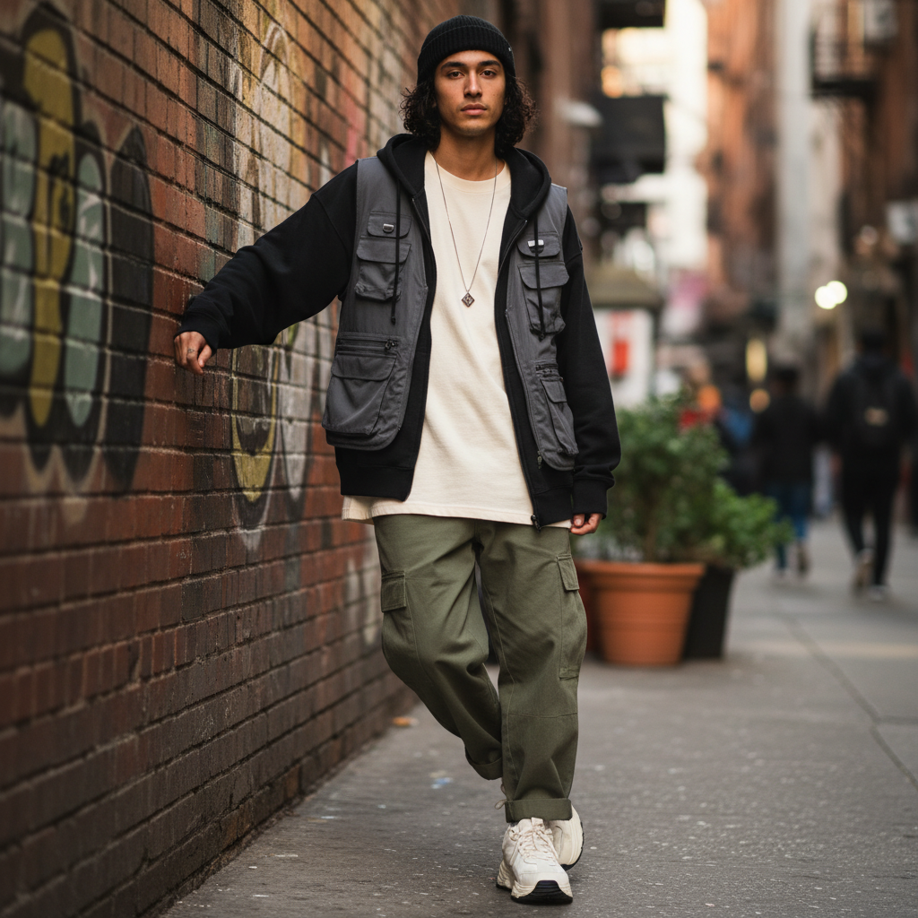 Person wearing classic cotton tee in layered streetwear outfit